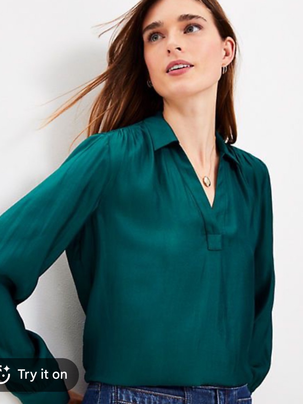 Loft Women’s Emerald Green Collared V Neck Popover Blouse